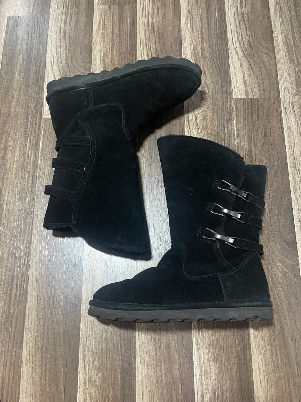 BearPaw Black Women’s Boots Size 10 with clip buckles